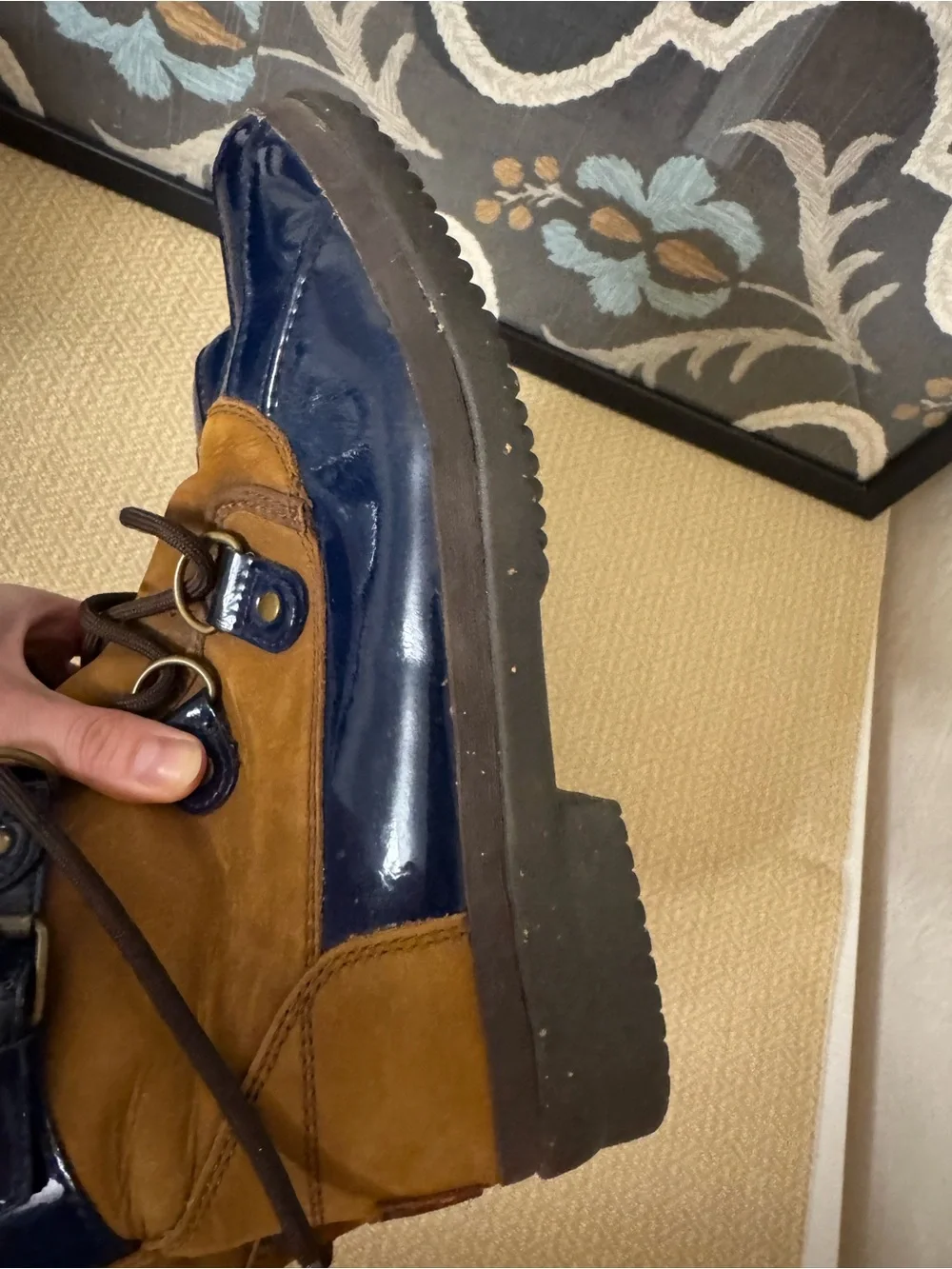 UGG Waterproof Duck Boots Brown & Navy Blue Lace Up Size 8 Women